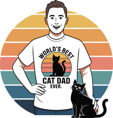 Man with Cat Wearing World's Cat Dad Ever T- Shirt