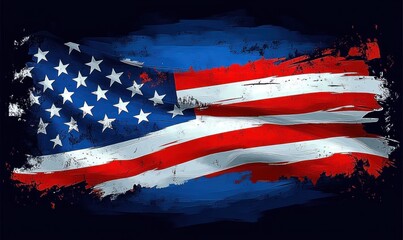 distressed painted american flag with stars and stripes in bold red white and blue brush strokes conveying rugged patriotic pride and resilient spirit