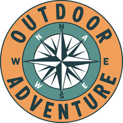 Orange and teal compass with adventure text and cardinal directions