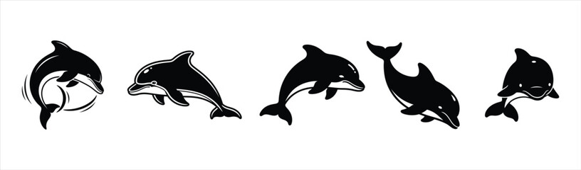 Fototapeta premium Graceful ocean mammals dynamic set of five jumping and swimming dolphin silhouettes