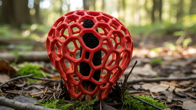 Captivating red lattice stinkhorn mushroom (Clathrus ruber) with its intricate geometric cage structure.