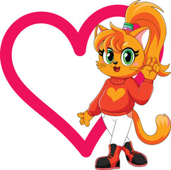 Orange Cat with Heart Sweater and Red Shoes Standing Next to Large Pink Heart