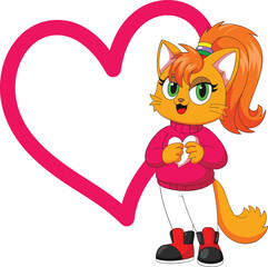 Orange Cat with Green Eyes Holding Heart and Wearing Pink Sweater