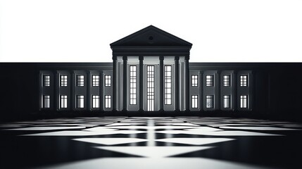 monochrome neoclassical building with tall columns and pediment, illuminated windows and a geometric shadowed plaza, symmetrical imposing and solemn nighttime scene