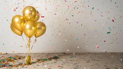 Golden balloons and colorful confetti celebrating a joyful party