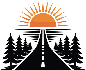 Road with Sunrise and Pine Trees in Forest nature