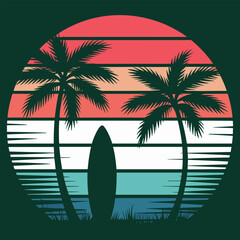 Surfboard with palm trees and sunset background beach