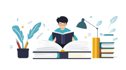 Focused young student with glasses diligently reading a large open book surrounded by study materials including stacks of novels and writing tools on transparent background