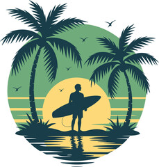Surfer silhouette with palm trees at sunset beach