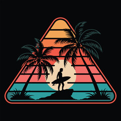 Surfer Silhouette with Palm Trees at Sunset beach 1