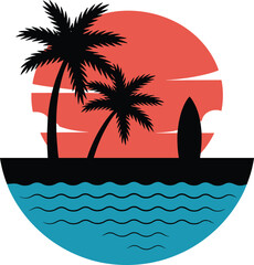 Sunset with Palm Trees and Surfboards on Beach ocean