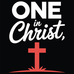 White and red cross with text one in Christ on black background