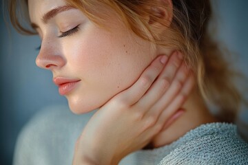 close-up of person in gray knit sweater holding side of neck with hand, blonde hair tied back and ear visible, appearing pensive and contemplative