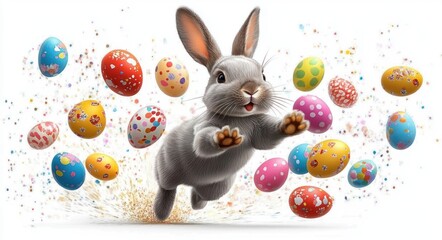 joyful fluffy gray bunny leaping through colorful decorated eggs and confetti on a white background