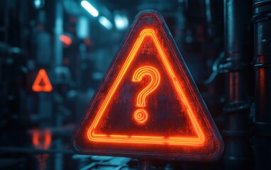 glowing triangular neon warning sign with a question mark in a dark industrial corridor of pipes and reflections, creating a mysterious and ominous atmosphere of uncertainty