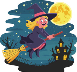 Witch Flying on Broomstick Under Full Moon with Castle Background