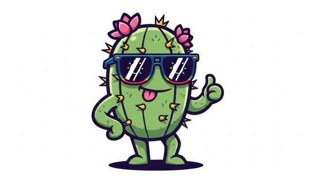 Cartoon cactus character wearing sunglasses and giving a thumbs-up, with pink flowers on its head and tongue sticking out, on a white background.
