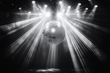 Glittering mirror ball suspended above an empty dance floor with dramatic spotlights and fog casting radiant light beams, nostalgic and celebratory atmosphere