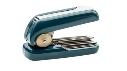 Stylish vintage teal blue stapler with exposed metal staples and gold accent featuring a retro office design on transparent background