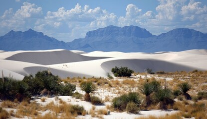 Vast stretches of pristine white sand dunes gently roll towards a backdrop of majestic, blue mountains under a vibrant sky filled with fluffy clouds.