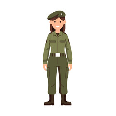 Fototapeta premium Female Soldier in Uniform with Beret, White Cross Emblem - Flat Design