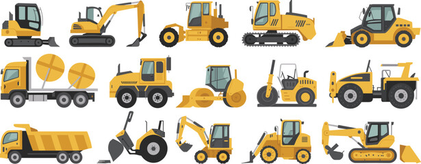 Construction heavy machinery vehicles vector illustration set featuring excavators loaders rollers trucks equipment for industrial engineering building projects © SREECHNA