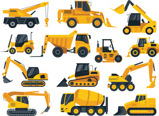 Construction heavy machinery vehicles vector illustration set including excavators cranes loaders trucks equipment for industrial building engineering projects