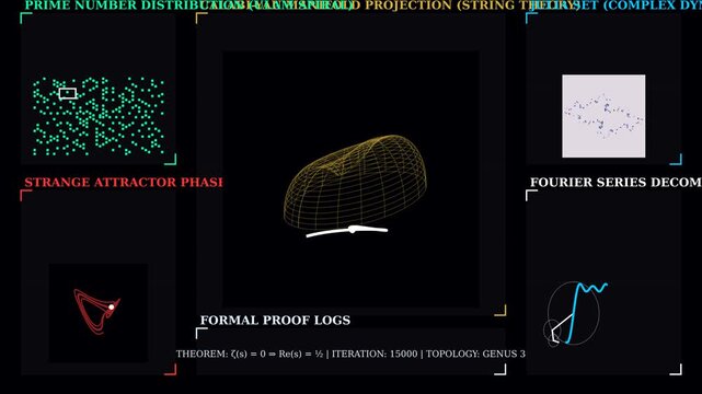 Mathematical Interface Showing Prime Distribution, Strange Attractors, and Fourier-Based Structures 