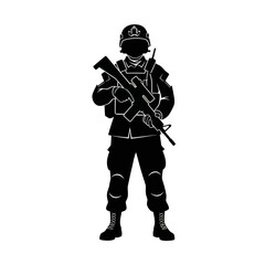 Fototapeta premium Silhouette of a soldier holding a rifle, ready for action, military concept