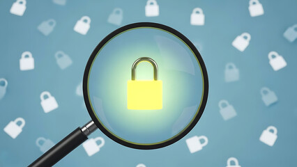 Cybersecurity concept with a magnifying glass focusing on a glowing yellow padlock against a ghostly background