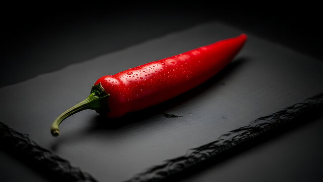 Vibrant red chili pepper with fresh water drops on a dark slate background, perfect for spicy cuisine concepts.