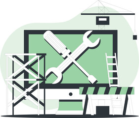 Construction site with tools and scaffolding on a computer screen displaying a maintenance theme