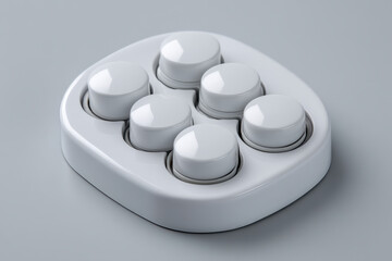 Six-button modular control array on white faceplate with clean symmetric spacing