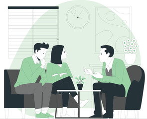 Three people sitting in a living room having a discussion with a coffee table in front of them