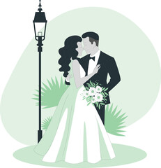 Bride and groom embracing under a lamppost in a serene outdoor setting with lush greenery