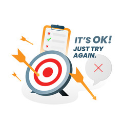 Vector illustration of missing target, motivational quote It&rsquo;s okay! Just try again. failure, retry, learning process, trial and error, performance evaluation, goal assessment, continuous improvement