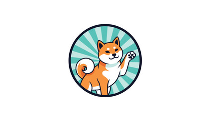 Obraz premium Happy Shiba Inu cartoon dog waving its paw set against a turquoise sunburst background in a circular frame illustration.