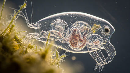 Microscopic view of freshwater crustacean carrying developing embryos, illustrating intricate aquatic life.