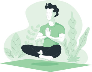 A serene man meditating peacefully on a green mat surrounded by plants