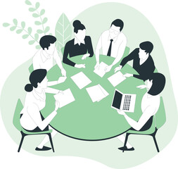 A group of professionals gathered around a table discussing documents in a meeting