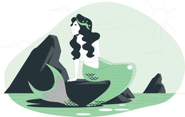 Mermaid standing on a rock formation surrounded by water and mountains viewed from a distance