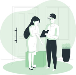 Delivery person handing a package to a woman standing beside a large box in front of a door
