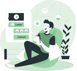 Man relaxing on bean bag chair, smiling while using smartphone at home