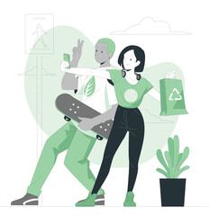 Young adults promoting eco-friendly lifestyle through recycling and skateboarding in a urban environment