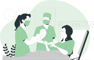 Medical staff handing newborn baby to mother in hospital room