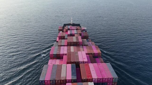 4K Aerial drone tracking video above truck size container tanker ship cruising deep blue sea