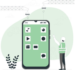 A worker in a hard hat stands next to a large smartphone displaying various media icons