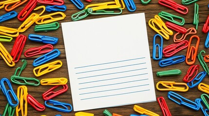 Colorful assortment of plastic paperclips framing a blank lined notebook page on a wooden desk