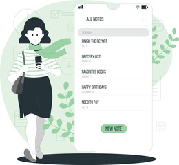 A woman holding a phone with a notes app open, surrounded by leaves and a subtle background pattern.