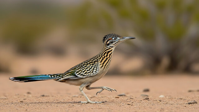 Vibrant Greater Roadrunner bird captured mid-stride on sandy desert terrain with blurred background